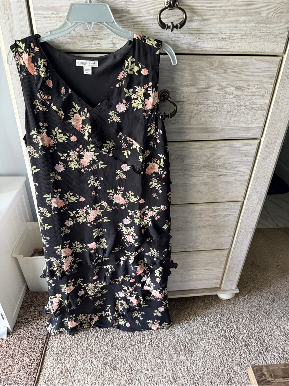 Coldwater Creek Black Floral Ruffle Midi Dress